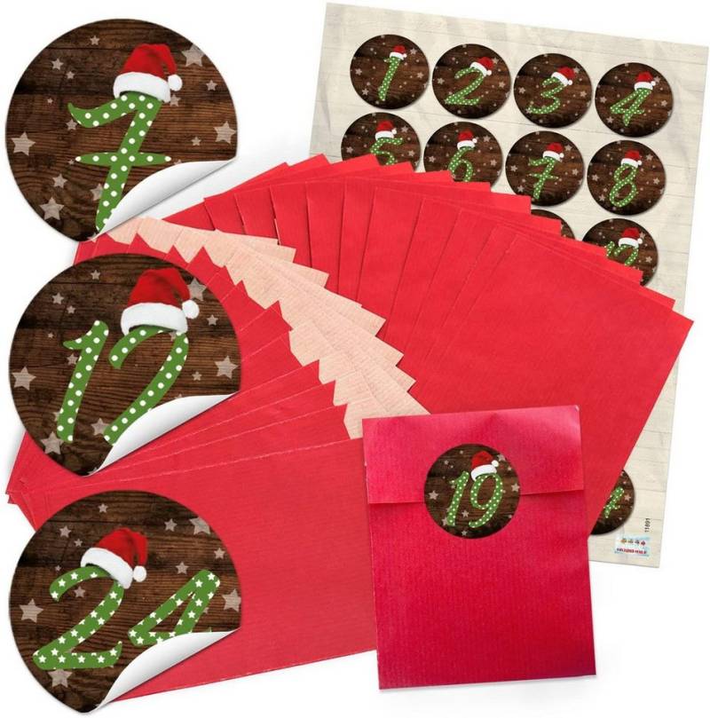 Logbuch-Verlag Geschenkbox 24 rote Adventskalender-Tüten 9,5 x 14 cm + Aufkleber 1–24 – Set zum von Logbuch-Verlag