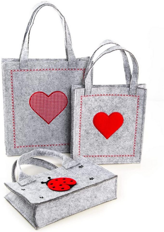 Logbuch-Verlag Geschenkbox 3 Filztaschen mit Henkel grau rot - Marienkäfer & Herz-Motiv - von Logbuch-Verlag