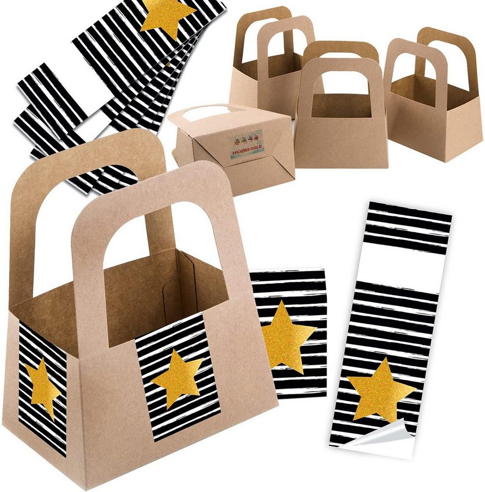 Logbuch-Verlag Geschenkbox 5 Körbchen mit Henkel aus Kraftpapier + 10 Aufkleber Stern schwarz von Logbuch-Verlag