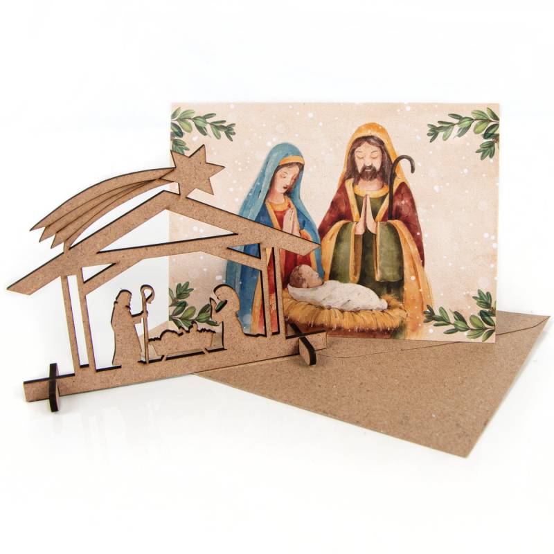 Logbuch-Verlag Geschenkbox Krippen Holz mit Weihnachtskarte + Umschlag DIN A6 (3 St), Familie von Logbuch-Verlag