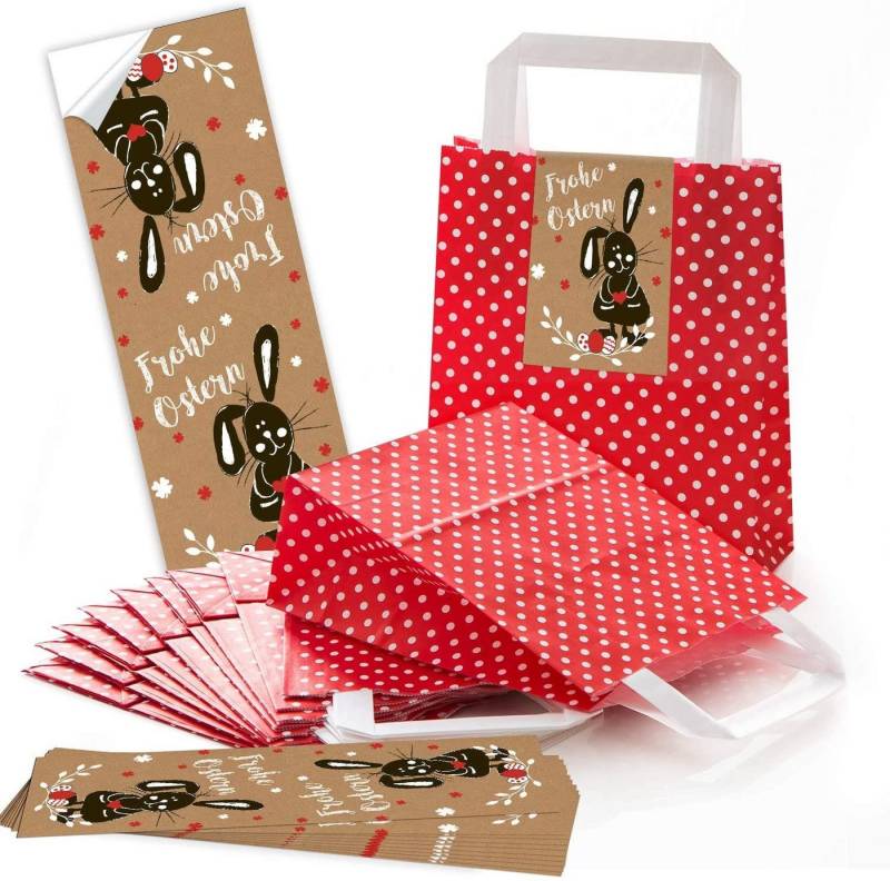 Logbuch-Verlag Geschenkbox Rote Papiertüte mit Henkel 18 x 8 x 22 cm – gepunktet mit Osteretikett von Logbuch-Verlag