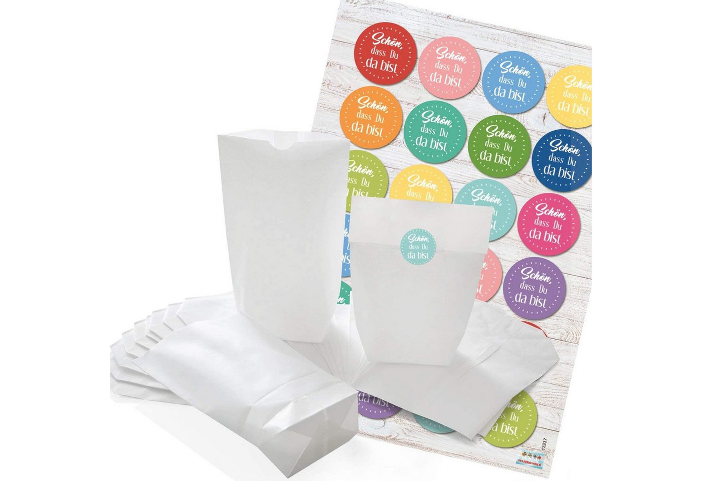 Logbuch-Verlag Geschenkbox Weiße Gastgeschenk-Papiertüten 16,5 x 26 cm – mit Aufkleber „Danke“ Logbuch-Verlag Geschenkbox Weiße Gastgeschenk-Papiertüten 16,5 x 26 cm – mit Aufkleber „Danke“ von Logbuch-Verlag