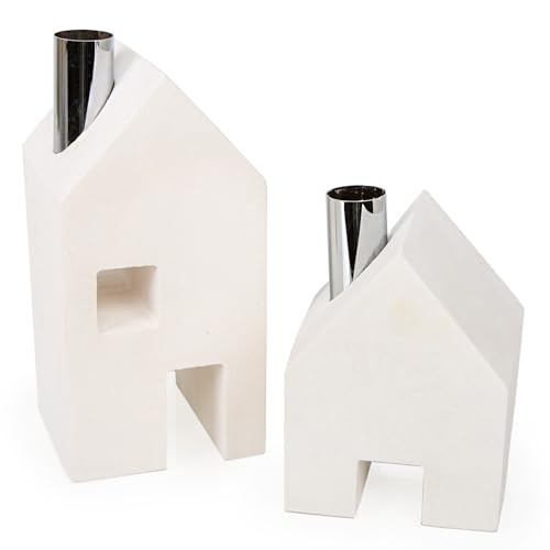 Logbuch-Verlag Haus Deko Kerzenhalter aus Beton weiß Silber Kerzenständer Geschenkset Geburtstag 12-18 cm von Logbuch-Verlag