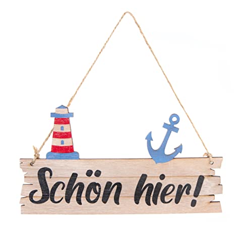 Logbuch-Verlag Holzschild SCHÖN HIER! maritim mit Anker und Leuchtturm - Türschild aus Holz natur blau rot zum Aufhängen von Logbuch-Verlag