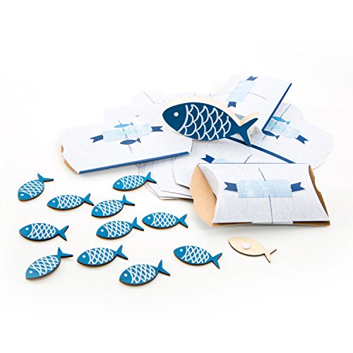 Logbuch-Verlag Kommunion Deko SET 10 Geschenkboxen blau weiß + 12 Tischdeko Fische mit Klebepunkt + 1 Fisch aus Holz von Logbuch-Verlag