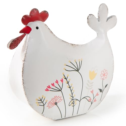 Logbuch-Verlag Metall Henne weiß mit Blumenmuster Huhn Hühnerfigur Osterdeko zum Hinstellen 13,5 x 15 cm von Logbuch-Verlag