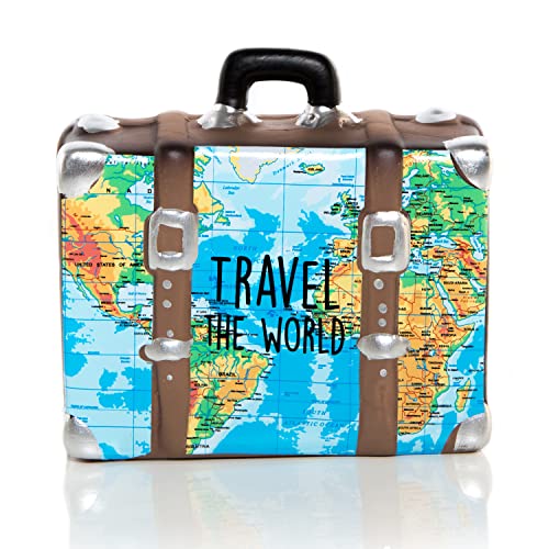 Logbuch-Verlag Spardose Reisekoffer Geburtstag Hochzeit Urlaubskasse Weltkarte Keramik Sparbüchse Reise Urlaub Reisekasse Geschenk 14 cm von Logbuch-Verlag