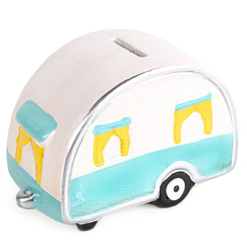 Logbuch-Verlag Spardose Wohnwagen aus Keramik türkis weiß Sparbüchse Camping Reisekasse Geschenk für Camper Geburtstag 15 cm von Logbuch-Verlag