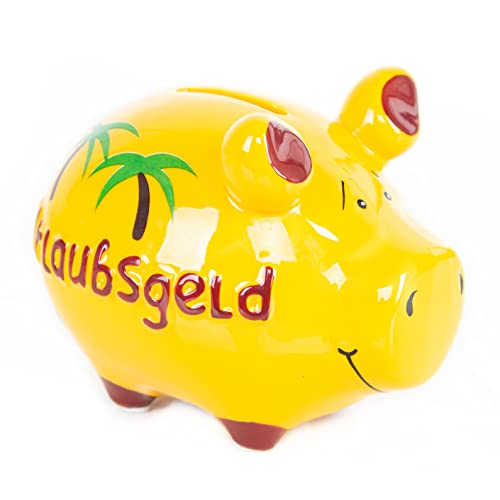 Logbuch-Verlag Sparschwein Urlaubsgeld gelb Urlaub Palmen Reisekasse Spardose Geld Geschenk Verpackung Geburtstag 12,5 cm Ostergeschenk von Logbuch-Verlag