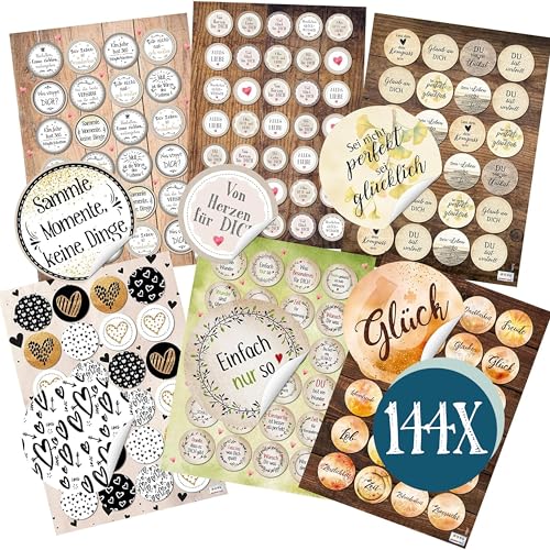 Aufkleber Set, 144 Stück: Motivationssticker, Sticker mit Sprüchen, Aufkleber Sprüche Motivation, Geschenk, Zum Aufkleben, Erwachsene & Kinder, Spruch Positive Gedanken, Glück, Freundschaft, ⌀ 3-4 cm von Logbuch-Verlag