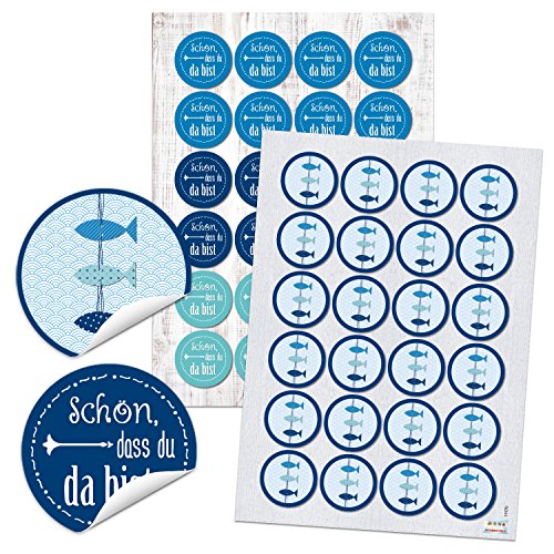 Logbuch-Verlag 24 Fische Aufkleber + 24 Schön dass du da bist Sticker Kommunion Gäste Taufe rund 4 cm Set Verzierung von Logbuch-Verlag