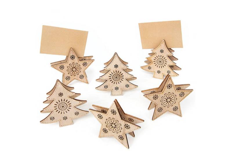 Logbuch-Verlag Dekofigur 6 Tischkartenhalter Sterne + Bäume aus Holz Weihnachtsklammer 9 cm von Logbuch-Verlag