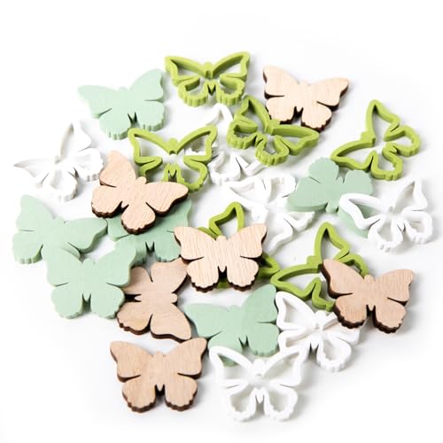 Logbuch-Verlag Streudeko Set 24 Schmetterlinge zum Basteln flach grün weiß Natur Tischdeko Holz Ostern Frühling 4 cm von Logbuch-Verlag