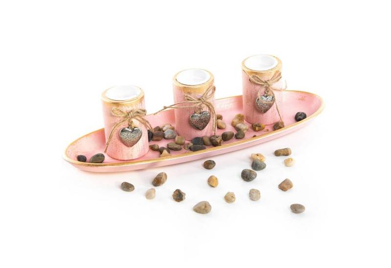 Logbuch-Verlag Teelichthalter 3 er Set Kerzenhalter mit Schale und Dekosteinen, Dekoset 39 cm mit Dekoschale in rosa pink Gold von Logbuch-Verlag
