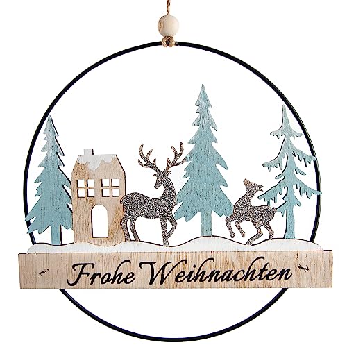 Logbuch-Verlag Weihnachtskranz Türkranz aus Holz Frohe Weihnachten Kranz zum Aufhängen Hygge Scandi Deko Natur hellblau Ø 20 cm von Logbuch-Verlag