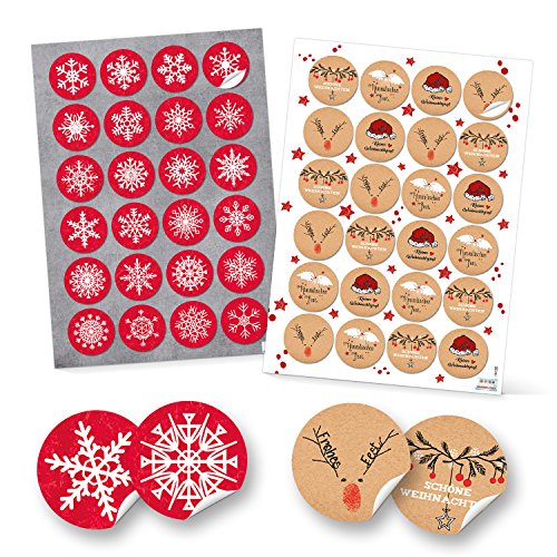 Logbuch-Verlag Weihnachtssticker Set 4 x 24 Weihnachtsaufkleber Schneeflocken + Weihnachtsgrüße Etiketten Ø 4 cm rot braun weiß von Logbuch-Verlag