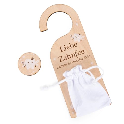 Logbuch-Verlag Zahnfee Türschild aus Holz mit Münze Milchzähne Säckchen Zahnfee-Geschenk für Kinder von Logbuch-Verlag