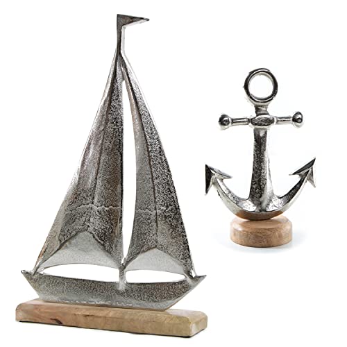 Logbuch-Verlag maritimes Deko Set aus Metall & Holz - Segelschiff 40 cm + Anker Figur Silber - Bad Dekoration von Logbuch-Verlag