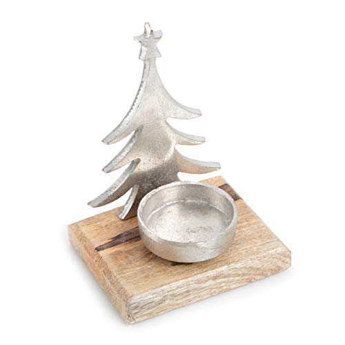 Logbuch-Verlag weihnachtlicher Teelichthalter aus Holz + Metall - Tannenbaum Windlicht Kerzenhalter Silber braun - Geschenkidee Weihnachten von Logbuch-Verlag