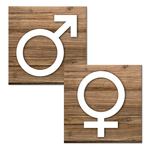 SET 2 Stück WC Schild FRAU MANN Männer + Frauen Gender-Zeichen Toilette selbstklebend Toilettenschild Türschild Holz-Optik braun weiß von Logbuch-Verlag