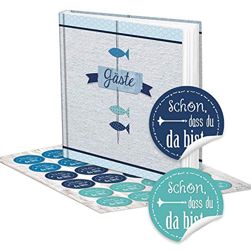Logbuch-Verlag Gästebuch Fische blau weiß mit Sticker Schön, dass du da bist Deko Kommunion Taufe Konfirmation von Logbuch-Verlag