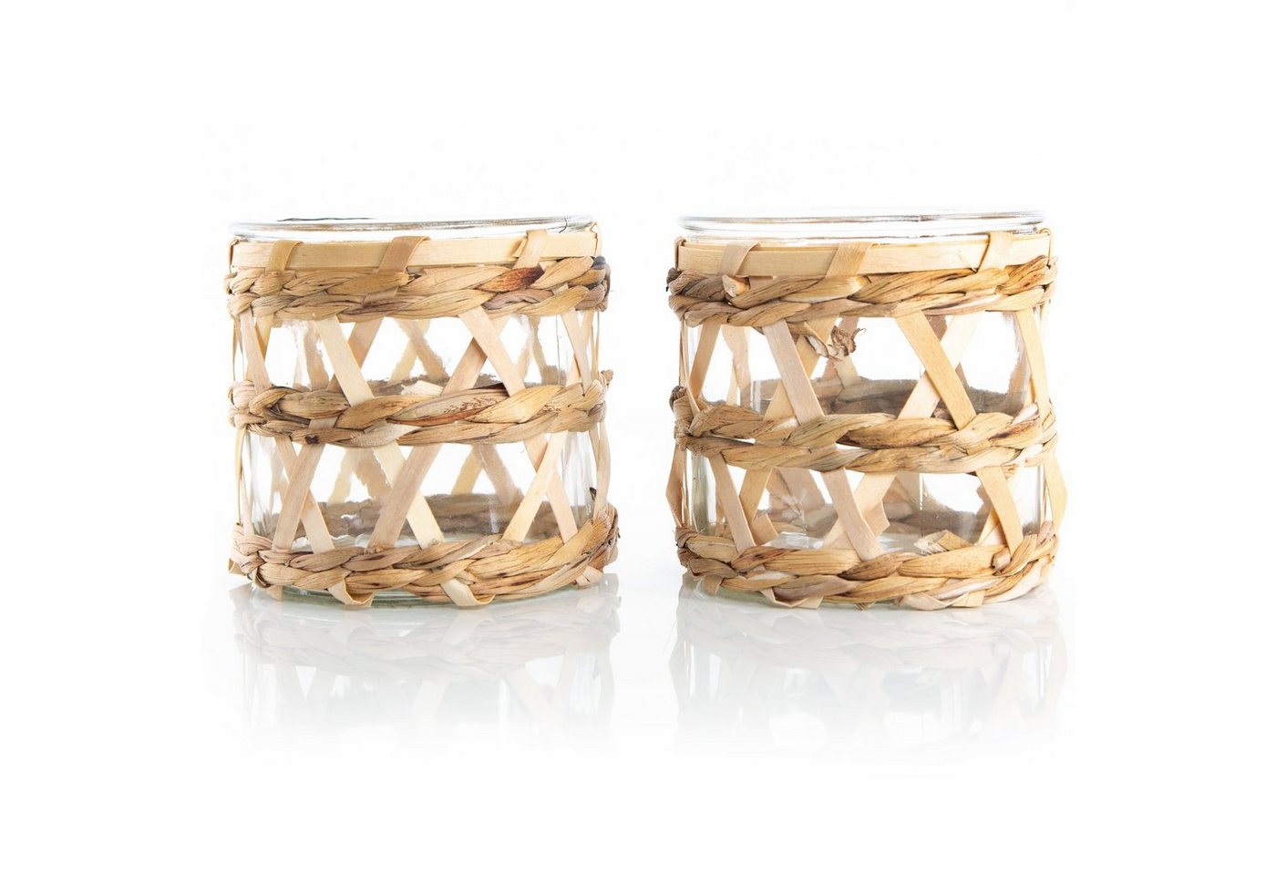 Windlicht 2 Windlichter aus Glas 12 x 12 cm verziert mit Rattan Windlicht 2 Windlichter aus Glas 12 x 12 cm verziert mit Rattan von Logbuch-Verlag