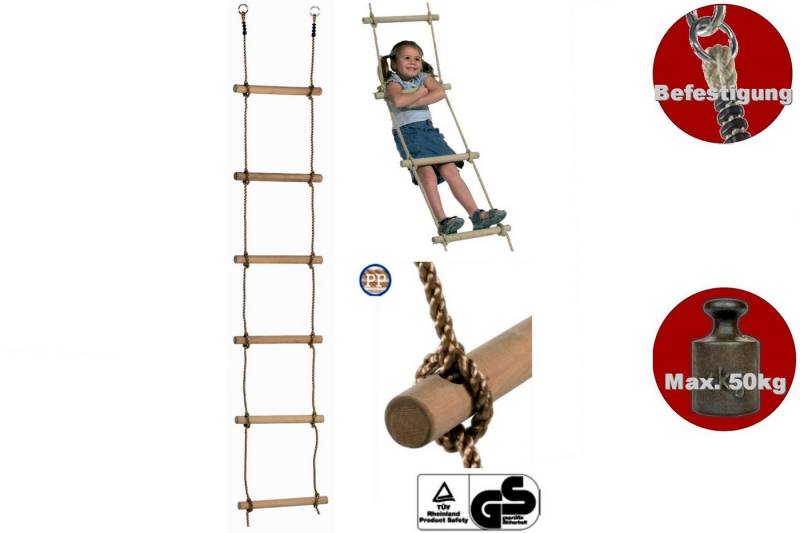 Loggyland Strickleiter mit Holzsprossen in verschiedene Längen, mit Stahlringen und weichen Seilverbindern von Loggyland