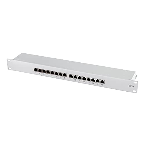 LogiLink Professional NP0075 Vollgeschirmtes CAT 6A Patch- /Verteilerfeld mit 16-Ports, PoE und PoE+, (1 Höheneinheit) Lichtgrau von Logilink