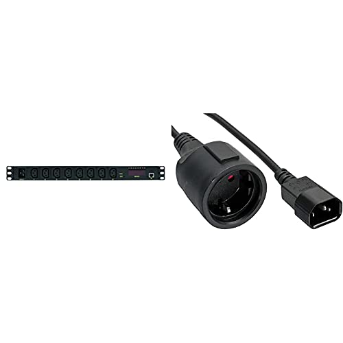 LogiLink Professional PDU8P01 Hochwertige IP 19" Steckdosenleiste 8-Fach mit Schalt-, Mess/Warnfunktion, Schwarz & Inline 16659A Netz Adapter Kabel, Kaltgeräte C14 auf Schutzkontakt Buchse, 1m von LogiLink Professional