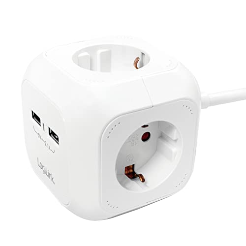 LogiLink LPS227 4+2 (4x Schutzkontakt CEE 7/3, 2x USB) Power Cube Multifunktionssteckdose mit Kindersicherung Weiß von Logilink