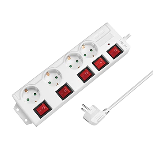 LogiLink LPS252 - 4-fach Steckdosenleiste (CEE 7/3), mit 5x Ein/Aus Schalter, mit Überspannungsschutz + mit eingebautem safety shutter (erhöhter Berührungsschutz), Farbe: Weiß von Logilink