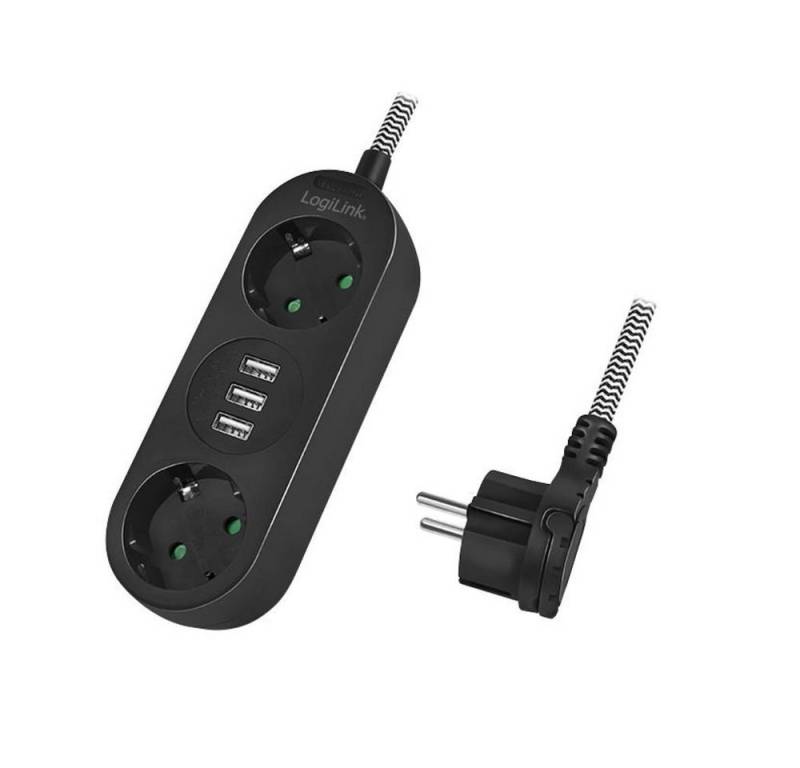 LogiLink LPS262U Steckdosenleiste 2-fach (USB-Anschlüsse, Schutzkontaktbuchse, Berührungsschutz, Kabellänge 1.5 m), 3x USB-A Textilkabel schwarz Stromverteiler von LogiLink
