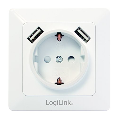 LogiLink PA0162 Schutzkontakt Steckdose mit 2X USB zum Laden von Smartphones, Handys, eBooks, Tablets, etc, Unterputzdose (DE 80x80mm) mit Kinderschutz von Logilink