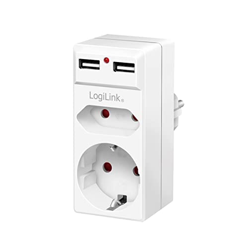 LogiLink PA0276 - Steckdosenadapter (Stecker: CEE7/7) mit Schutzkontaktbuchse (CEE7/3) + 1x Eurobuchse (CEE7/16) + 2x USB-A von Logilink