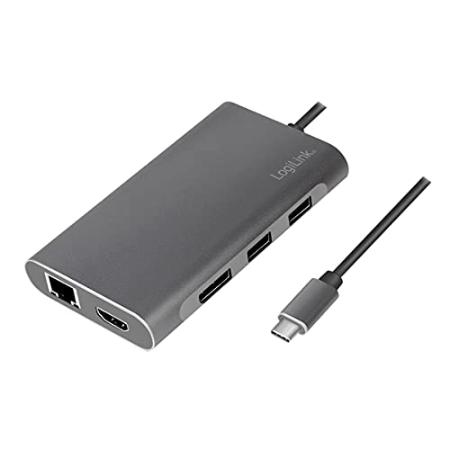 LogiLink UA0382 - USB 3.2 (Gen 1) Dockingstation mit 8-Ports und PD (Power Delivery) 100W, 1x USB-C (PD) / 2X USB 3.0 / 2X USB 2.0 / 1x HDMI / 1x DisplayPort / 1x RJ45 / Silber von Logilink