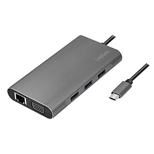 LogiLink UA0383 - USB 3.2 (Gen 1) Dockingstation mit 10-Ports und PD (Power Delivery) 100W, 1x USB-C (PD) / 3X USB 3.0 / 1x HDMI / 1x VGA / 1x RJ45 / 1x microSD / 1x SD / 1x 3,5mm Audio/Silber von Logilink