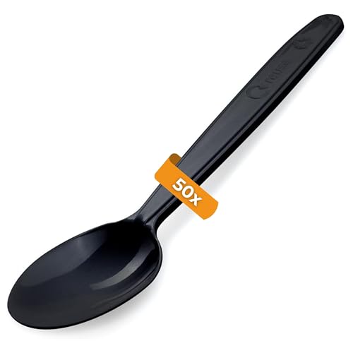 Wiederverwendbares Plastikbesteck 50 Stk. schwarz | MEHRWEG Campingbesteck | Kaffeelöffel | Eislöffel | PREMIUM Reisebesteck | robustes Outdoor Besteck (Schwarz) von LogiPack GeRo