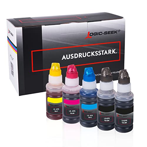 Logic-Seek 5 Tintentanks kompatibel für EcoTank 104 2X BK 65ml, je 1x Col. 65ml passend für ET-2710 ET-2711 ET-2712 ET-2714 ET-2715 ET-2720 ET-2721 ET-2726 ET-2810 ET-2811 von Logic-Seek