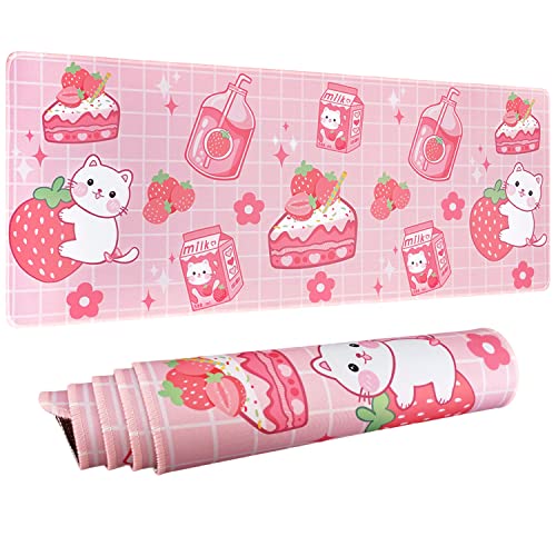 Kawaii Gaming Mauspad für Schreibtisch, erweiterte große Katze Erdbeermilch Mauspad, rosa Mauspad XL, niedliches Mauspad Anime, langes großes Mauspad, Kawaii Erdbeere Dekor Stuff Zubehör, 80 x 30 cm von Logieut