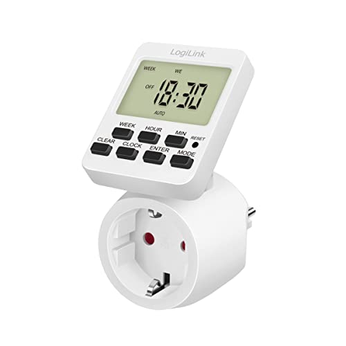 LogiLink Digitale Zeitschaltuhr mit IP20 Schutz und 180° drehbarem Display, individuell programmierbar, Weiß von Logilink