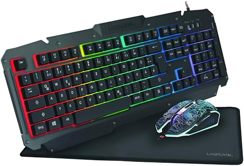 LogiLink ID0185 - Gaming-Set: Maus (800-2400dpi - beleuchtet) & Tastatur mit atemberaubender Metalloberfläche + Regenbogen LED-Hintergrundbeleuchtung & Gaming Mauspad (35x25cm) von Logilink