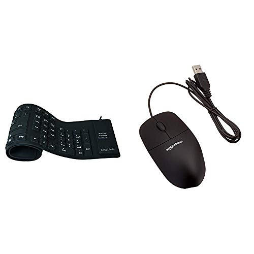 LogiLink Tastatur Flexibel Wasserfest USB mit PS/2 schwarz & Amazon Basics USB-Maus mit DREI Schaltflächen (schwarz) von Logilink