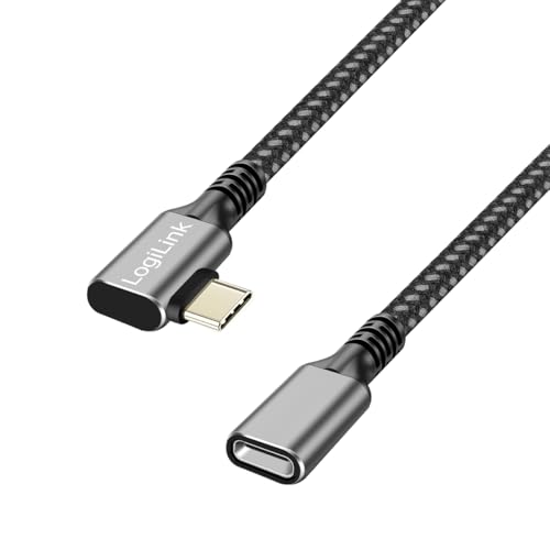 Logilink CUA0111 - USB 3.2 Gen2 Typ-C Verlängerungskabel mit PD Unterstützung (PowerDelivery), Stecker 90° gewinkelt, Farbe: Schwarz/Grau, Kabellänge: 1m von Logilink