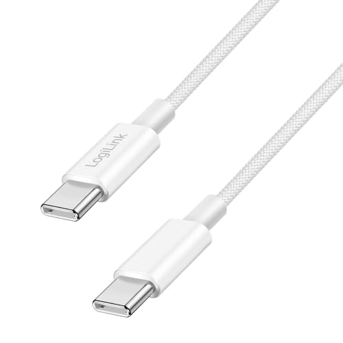 Logilink USB 2.0 Typ-C Anschlusskabel, C (Stecker) zu C (Stecker) mit Nylon-Ummantelung, 60W, Weiß, 1 m von Logilink