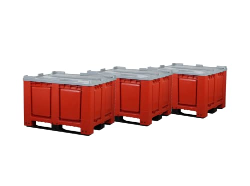 Logiplast 3 Stück Palettenboxen mit Deckel LxBxH: 1200 x 1000 x 790 mm geschlossen mit 3 Kufen in Rot von Logiplast