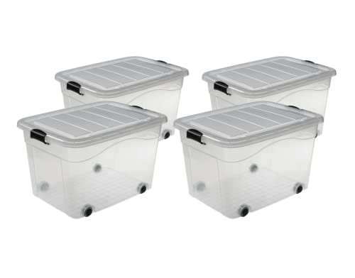 Logiplast 4 Stück Aufbewahrungsbox transparent 100 Liter mit Deckel und Klickverschluss 690 x 515 x 420 mm inkl. Rollen von Logiplast