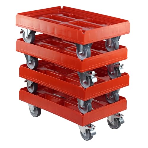 4 Stück Hygiene Transportroller für Kisten 60 x 40 cm mit 2 Bockrollen und 2 Lenkrollen mit Bremse in rot von Logiplast