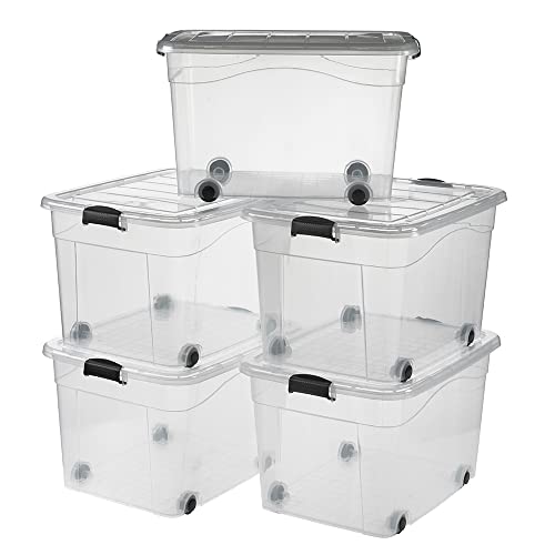 Logiplast 5 Stück Aufbewahrungsbox transparent 100 Liter mit Deckel und Klickverschluss 690 x 515 x 420 mm inkl. Rollen von Logiplast