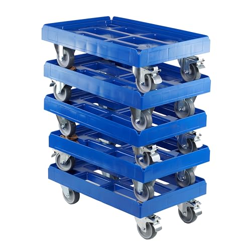 5 Stück Transportroller für Kisten 60 x 40 cm mit 2 Bockrollen und 2 Bremsen in blau von Logiplast