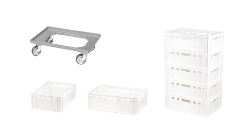 7 Stück E2-Kasten weiß + 1 Transportroller mit vier Lenkrollen grau von Logiplast